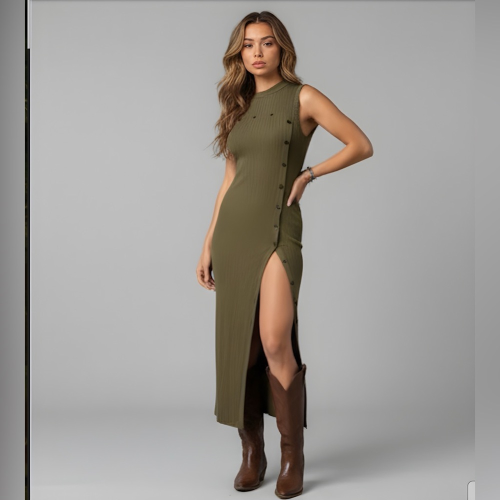 Army Green Button Detail Split Thigh Tank Dress
